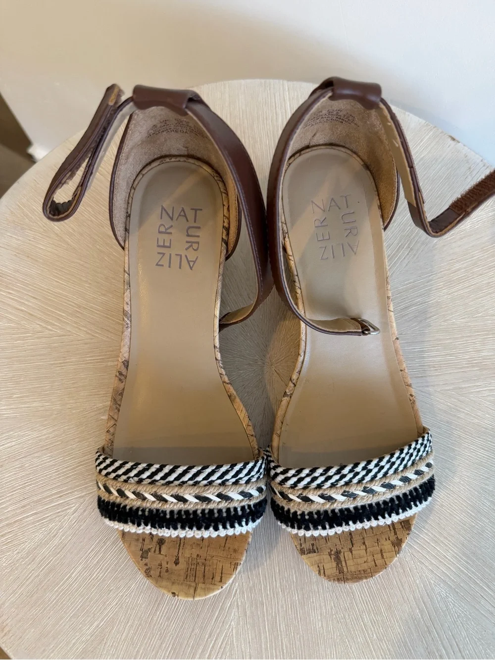 201. Naturalizer Brown Cork Wedge Sandals with Braided Black & Cream Straps